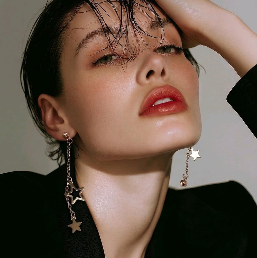 Silver Star Chain Dangle Earrings Asymmetrical Celestial Drop Stainless Steel